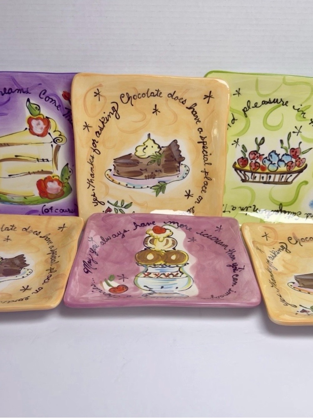 VTG Certified International Julia Junkin Ceramic Square Dessert Plates - Set of